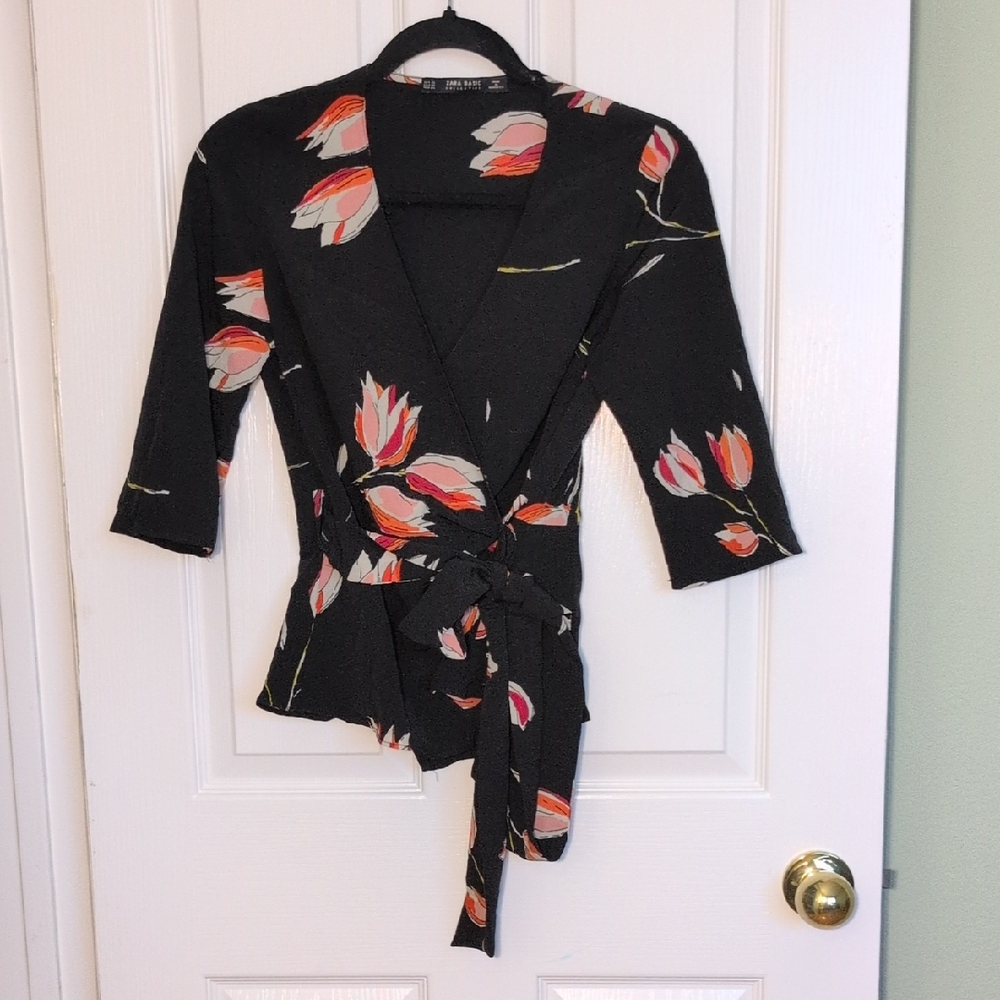 Zara Black Floral Wrap Blouse